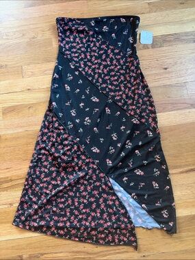 Strapless Asymmetrical Black Midi Dress with Red Floral Print